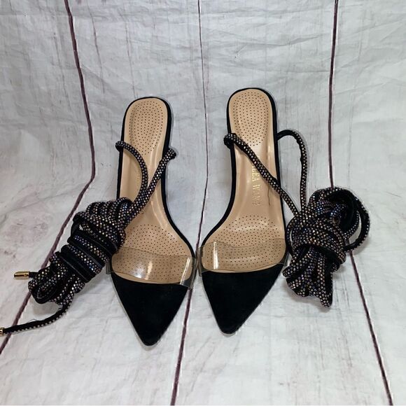 Azalea Wang - Brandy Long Black Diamond Lace Up Stiletto Heel Sandals-Size 8 - Picture 3 of 16